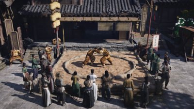 Captura de pantalla de Where Winds Meet que muestra a dos personas con atuendos con rayas atigradas luchando en un ring circular, rodeadas de espectadores.