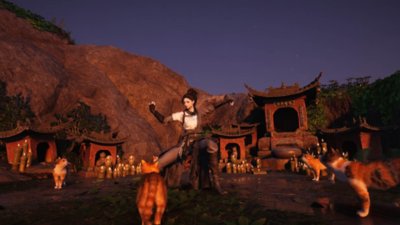 Captura de pantalla de Where Winds Meet que muestra a una guerrera con una pose grácil, rodeada de gatos pelirrojos.