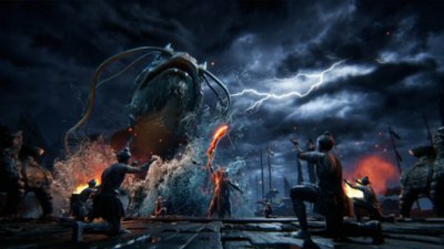 Captura de pantalla de Where Winds Meet que muestra a una especie de secta invocando un siluro gigante en mitad de una tormenta de relámpagos.