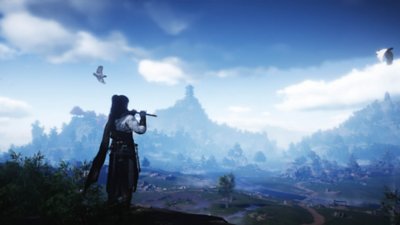 Captura de pantalla de Where Winds Meet que muestra al jugador contemplando unas hermosas vistas.