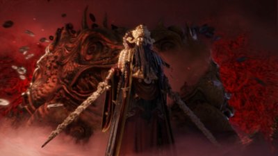 Captura de pantalla de Where Winds Meet que muestra a un guerrero con barba y una máscara dorada, blandiendo dos espadas.