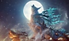Wild Hearts screenshot showing a large wolf-like creature howling at the moon