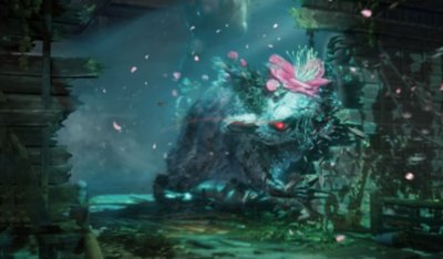 Wild Hearts screenshot showing a large rat-like creature with glowing red eyes and a large pink flower growing on its face
