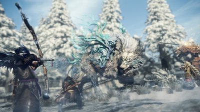 Captura de pantalla de Wild Hearts que muestra a un personaje luchando contra una bestia de hielo gigante