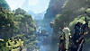 Wild Hearts – Screenshot, der einen Charakter zeigt, der über eine von Felsen und Bäumen gesäumte Schlucht blickt.
