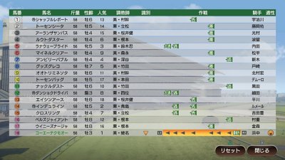 ウイニングポスト9 2022（新作戦“最後方強襲“を選択シーン。溜め逃げ・イン狙い・まくり・最後方強襲は、騎手がそれぞれ逃げ・先行・差し・追込みを得意としているときに選択可能。さらにイン狙いは内寄りの1～3枠、まくりは外寄りの6～8枠に入った馬のみが選択できる）