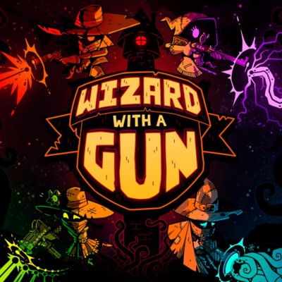 wizard with a gun store art featuring yellow logo with colourful characters in black background