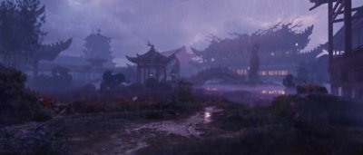 ภาพหน้าจอ Wo Long Fallen Dynasty แสดงให้เห็นเจดีย์ที่เปียกฝน