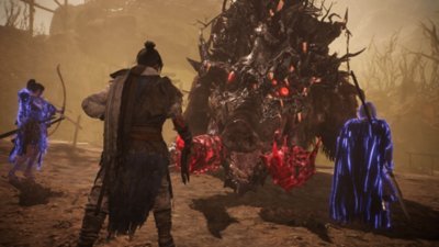 Wo Long Fallen Dynasty screenshot showing the player battling a demonic hog alongside two other players