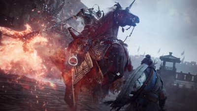 Wo Long Fallen Dynasty screenshot showing the player fighting an enemy on horseback wielding a large flaming weapon