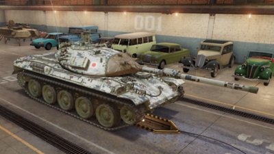 World of Tanks — снимок экрана с танком камуфляжной расцветки.