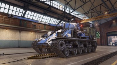 World of Tanks screenshot showing a tank with a blue camouflage design