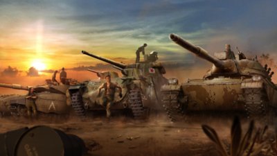 World of Tanks Modern Armor – Image mettant en valeur le réalisme historique du jeu, avec trois chars au coucher du soleil