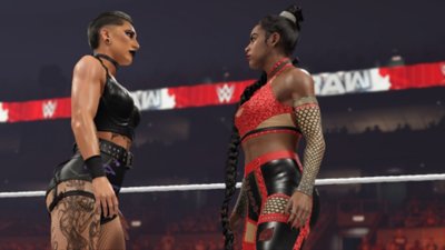 Captura de pantalla que muestra a Rhea Ripley y Bianca Belair posando para la sección MyFACTION.