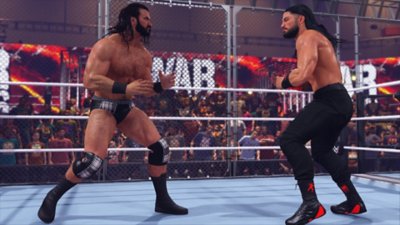 Snímka obrazovky z hry WWE 2K23 zobrazujúca scénu z WarGames.