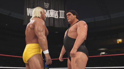 لقطة شاشة للعبة WWE 2K24 تُظهر Andre the Giant و Hulk Hogan