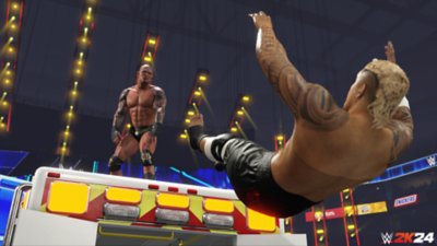 Captura de pantalla de WWE 2k24 de un combate arriba de una ambulancia