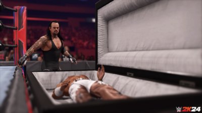 《WWE 2K24》螢幕截圖，呈現正在進行中的棺材賽