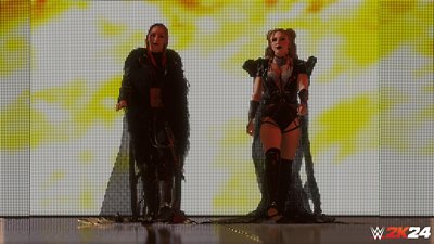 WWE 2K24 screenshot met Alba Fyre en Isla Dawn die hun entree maken