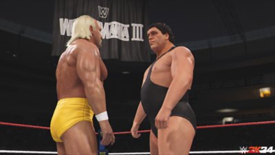 ภาพหน้าจอ WWE 2K24 แสดงให้เห็น Hulk Hogan เผชิญหน้ากับ Andre the Giant