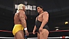 لقطة شاشة من لعبة WWE 2K24 تعرض Hulk Hogan في مواجهة Andre the Giant