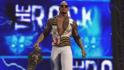 WWE 2K25, snimka zaslona koja prikazuje ulazak The Rocka dok drži pojas narodnog prvaka