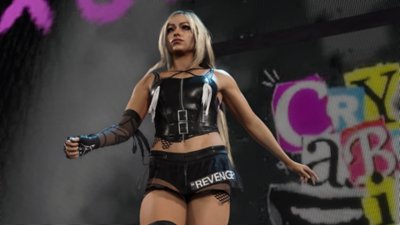 WWE 2K25, snimka zaslona koja prikazuje ulazak Liv Morgan