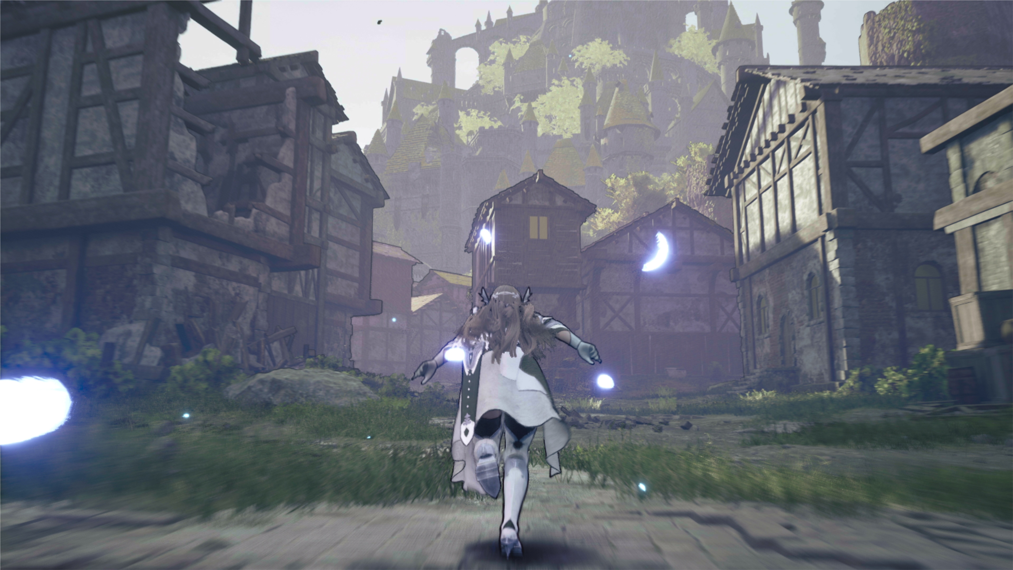 Valkyrie Elysium – snímek obrazovky zobrazující postavu běžící zničenou vesnicí