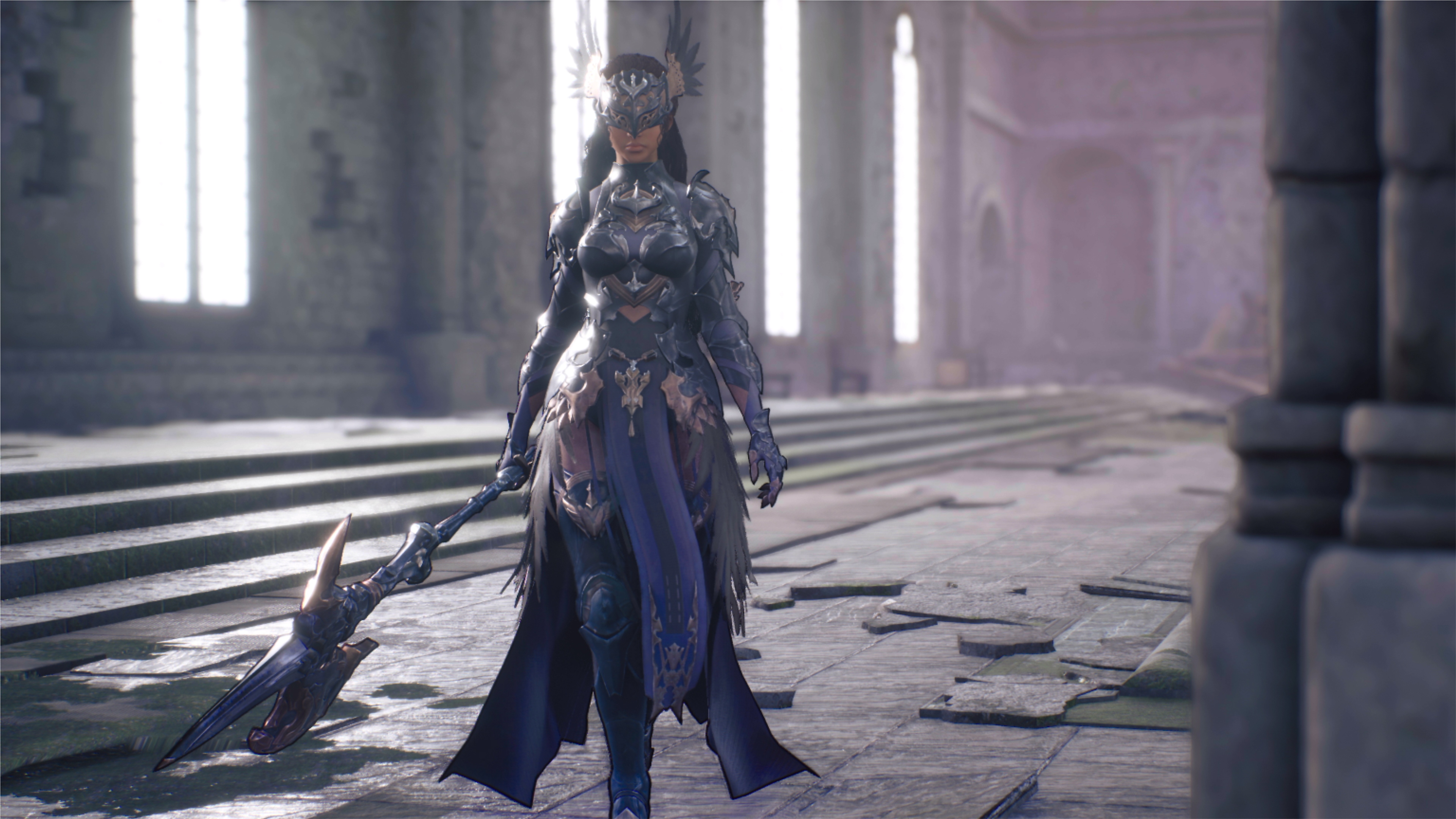 لقطة شاشة للعبة Valkyrie Elysium تظهر فيها إحدى الشخصيات وهي تحمل سلاحًا يشبه الفأس