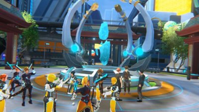 Captura de pantalla de Zenith en la que se ve a un grupo de personajes reunidos en una zona que parece la plaza de una torre