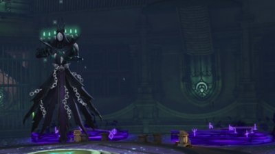 Zenith screenshot showing a large figure dressed in black and wrapped in chains with green candles lit along their shoulders