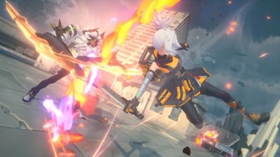Zenless Zone Zero-screenshot van een personage dat met een zwaardachtig wapen vecht en daarbij een kleurrijk spoor achterlaat