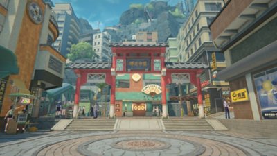 Zenless Zone Zero screenshot showing a street scene with three red arches in the middle of the square