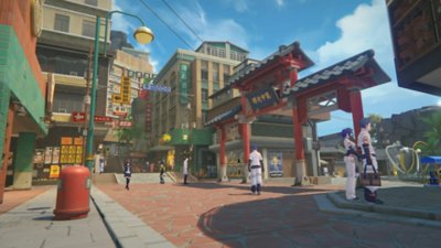 Zenless Zone Zero screenshot showing an urban environment with some white-uniformed pedestrians