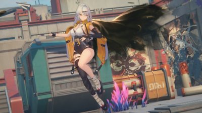 Zenless Zone Zero screenshot showing a character floating in mid-air in a city environment