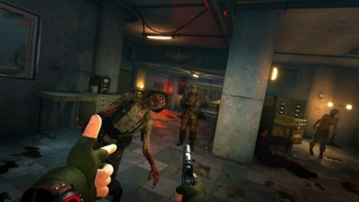 Zombie Army VR screenshot showing the player pointing their finger, like a gun, at a zombie